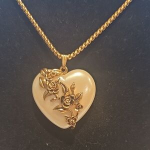 Vintage 1991 Avon Lustrous Heart Pearlized Lucite Puff Floral Overlay Pendant